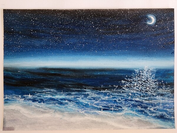 海の絵 空の絵 風景画 パステル画 アクリル画 絵画 アート インテリア 星 夜空
