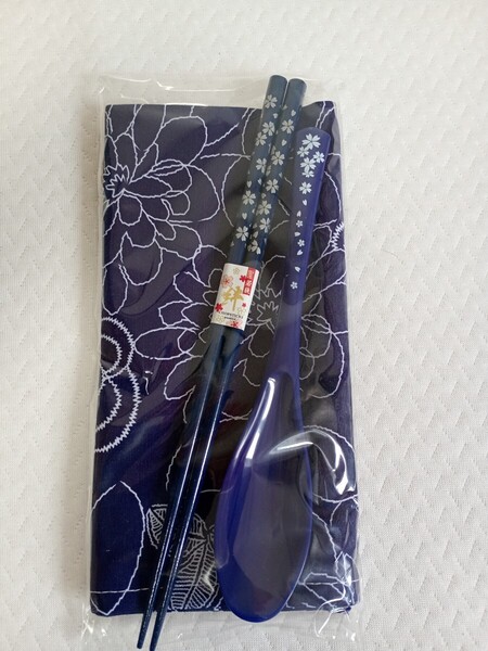 若狭塗箸 & ランチョンマット セット 銀桜 紺/箸 スプーン セット お箸 抗菌 食洗機対応 お箸セット 大人用 日本製 国産【未使用】