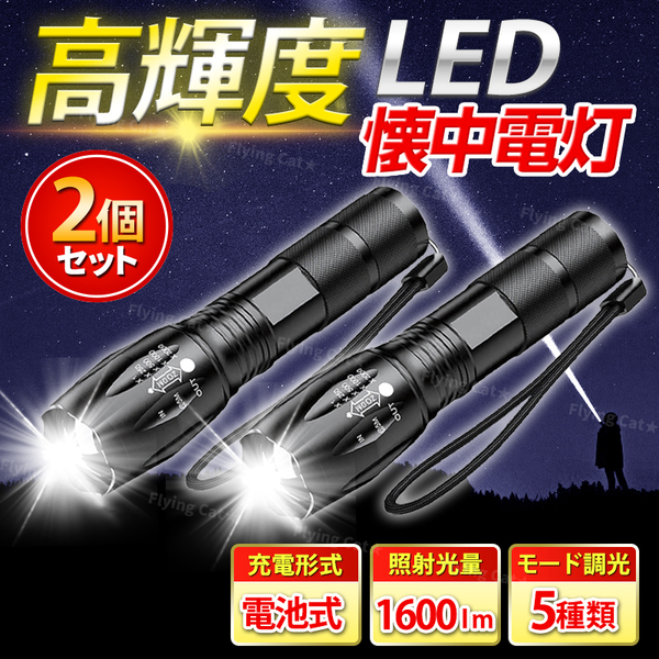 LED 懐中電灯 ライト 超強力 小型 乾電池式 軽量 高輝度 コンパクト ハンドライト レーザー 2本 2個 防災 災害 停電 アウトドア 釣り 散歩