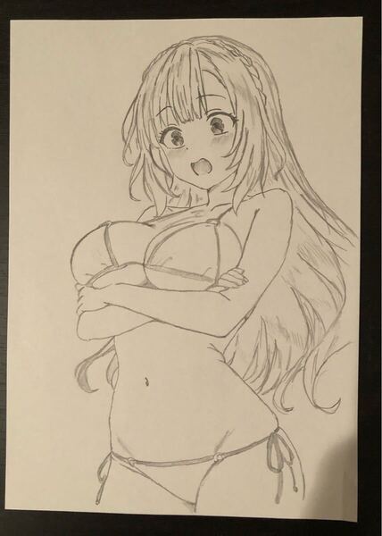 手描きイラスト 女の子 鉛筆画 オリジナル手描きイラスト 原画 同人 美少女 匿名配送 モノクロ 直筆 漫画 アニメ