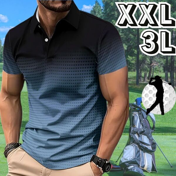 メンズ ゴルフウェア ポロシャツ 春夏 半袖 シャツ ブラック 黒 ブルー 青 グラデーション 春 夏★大きい XXL 3L 2XL★スポーツウェア