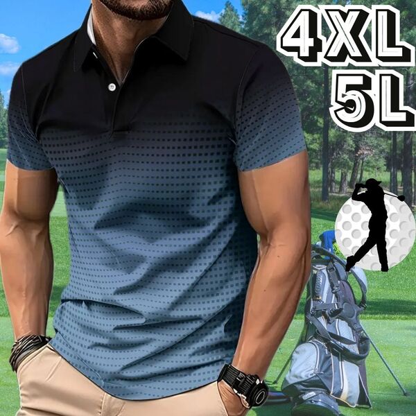 メンズ ゴルフウェア ポロシャツ 春夏 半袖 シャツ ブラック 黒 ブルー 青 グラデーション★大きい サイズ 4XL 5L XXXXL★スポーツウェア
