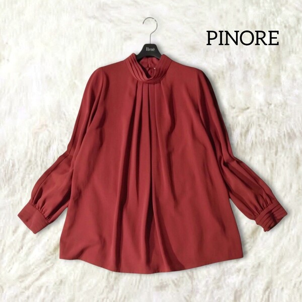 66 【PINORE】 ピノーレ タック ブラウス トップス カットソー 赤 レッド 無地 シンプル フォーマル 長袖 上品 ミセス レディース