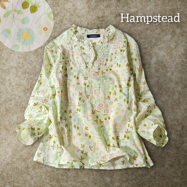 66 【Hampstead】 ハムステッド 花柄 フラワー 総柄 ブラウス シャツ トップス ホワイト グリーン 薄手 フリルカラー 春夏 ハーフボタン