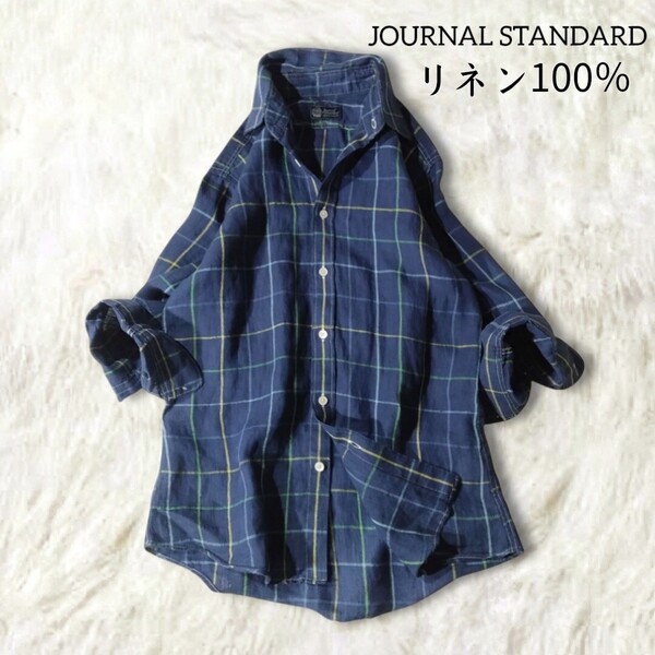 64 【JOURNAL STANDARD】 ジャーナルスタンダード 麻100 リネン100 シャツ ブラウス トップス M 紺色 ネイビー 総柄 チェック柄 春夏