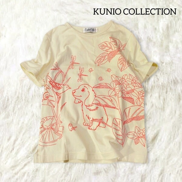 64B 【KUNIO COLLECTION】 クニオコレクション 点描 ドット 半袖 Tシャツ M アイボリー ベージュ 犬 わんこ 鳥 動物 丸首 春夏 レディース