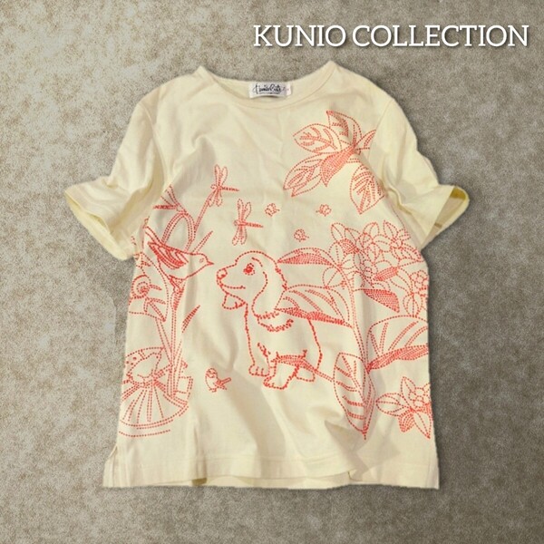 64A 【KUNIO COLLECTION】 クニオコレクション 点描 ドット 半袖 Tシャツ M アイボリー ベージュ 犬 わんこ 鳥 動物 丸首 春夏 レディース