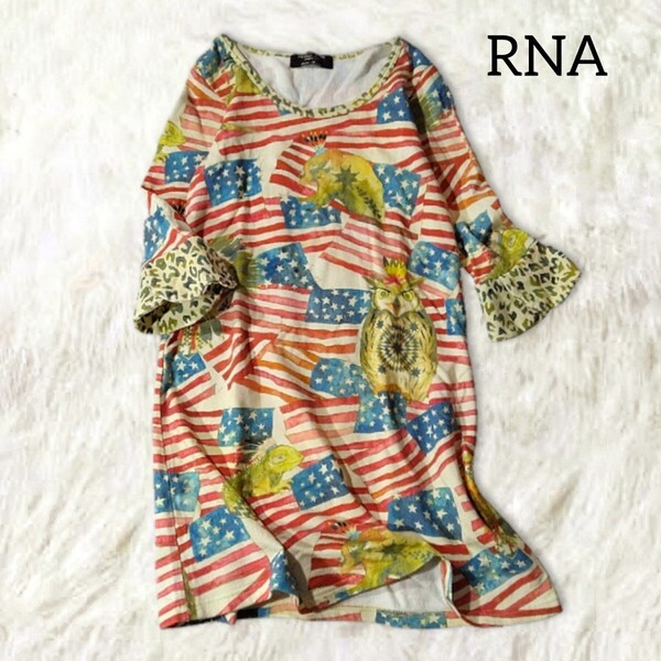 64 【RNA】 アールエヌエー 個性的 スウェット ワンピース M レオパード 豹柄 ヒョウ柄 星条旗 アメリカン フクロウ インディアン イグアナ