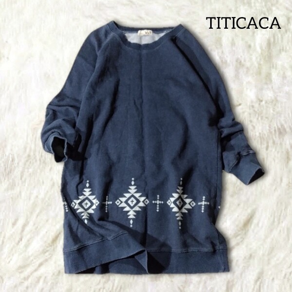 64 【TITICACA】 チチカカ スウェット スエット ワンピース ネイビー 紺色 オルテガ ひざ丈 膝丈 長袖 ラグラン ヴィンテージ加工 シンプル