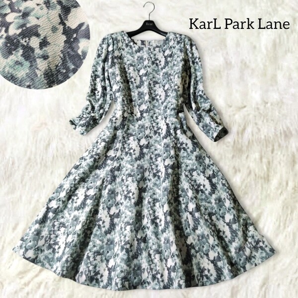 64 【KarL Park Lean】 カールパークレーン 花柄 ワンピース 9号 M 日本製 グリーン フレア Aライン フォーマル ひざ丈 フォーマル 総柄