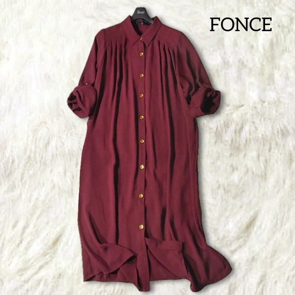 64 【FONCE】 フォンセ アバハウス 金ボタン シャツワンピース 赤 ワインレッド 無地 シンプル 長袖 2way ひざ丈 膝丈 タック レディース