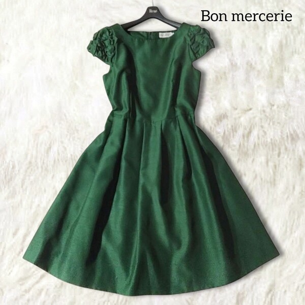 64 【Bon mercerie】 ボンメルスリー リボン ワンピース ドレス 36 S グリーン 半袖 Aライン フレア フォーマル ひざ丈 膝丈 パーティー