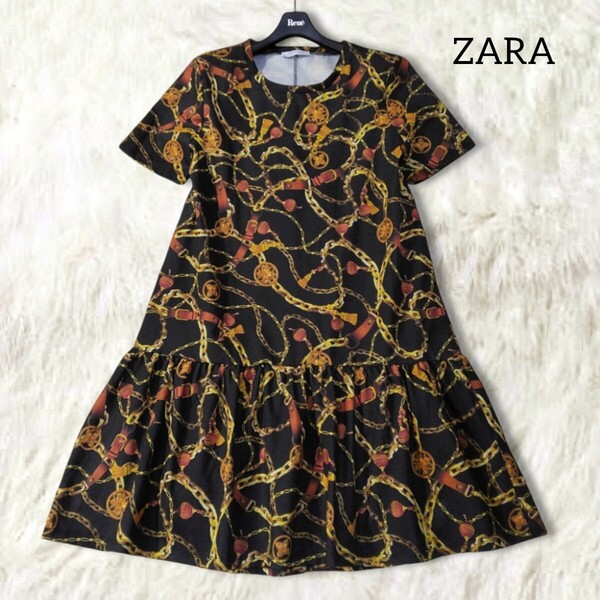 46 【ZARA】 ザラ 総柄 スカーフ柄 ワンピース М 黒 ブラック 半袖 ひざ丈 膝丈 チェーン柄 ゆったり ティアード ストレッチ 個性的 派手
