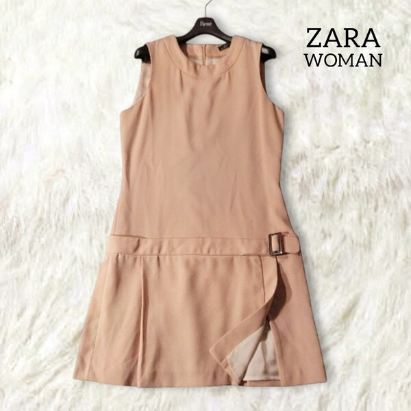 67 【ZARA WOMAN】 ザラ ノースリーブ ワンピース S ピンク ベージュ 無地 シンプル ひざ丈 膝丈 ベルト プリーツ ザラウーマン レディース