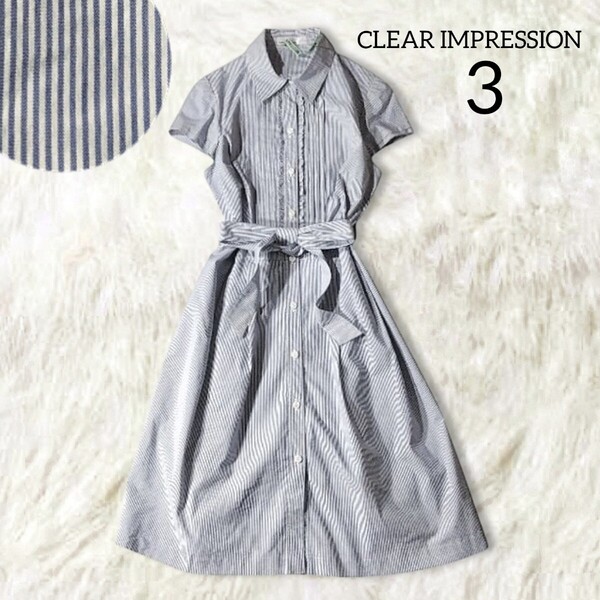66 【CLEAR IMPRESSION】 クリアインプレッション ストライプ 半袖 ワンピース 3 L ネイビー 膝丈 ひざ丈 ベルト ピンタック 春夏 リボン