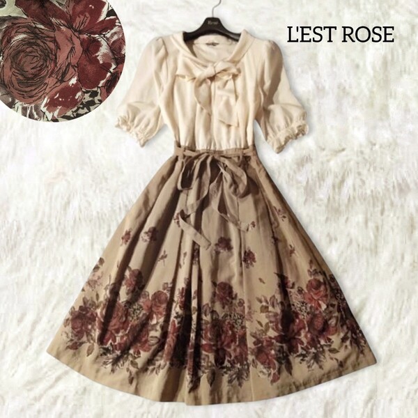 67 【LEST ROSE】 レストローズ ボウタイ リボンタイ ワンピース M 花柄 フラワー ローズ ひざ丈 膝丈 アンティーク フレア 半袖 2way 春夏