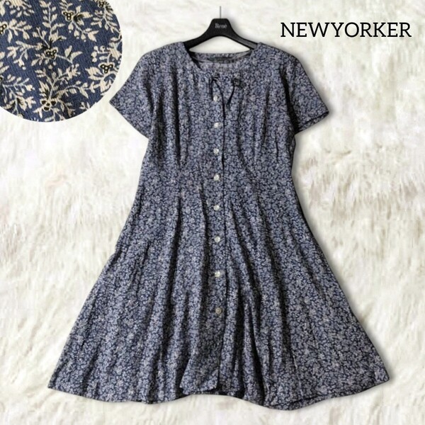 67 【NEWYORKER】 ニューヨーカー 総柄 チュニック ワンピース 9号 M ネイビー 紺色 前ボタン 半袖 フレア 膝丈 ひざ丈 春夏 レディース