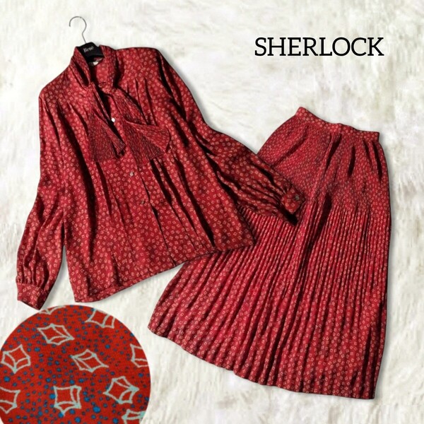 65 【SHERLOCK】 昭和レトロ ボウタイ ブラウス 長袖 スカート 上下 セットアップ M レッド 総柄 プリーツ ヴィンテージ 個性的 レディース
