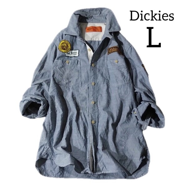 【Dickies】 ディッキーズ 長袖 シャツ トップス L ネイビーグレー 2way ロールアップ ワッペン 綿100 コットン100 メンズ