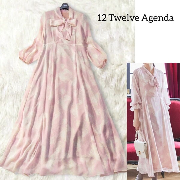 38 【12 Twelve Agenda】 トゥエルブアジェンダ ボウタイ リボンタイ ロングワンピース 総柄 ピンク 長袖 フレア Aライン 上品 春夏 光沢感
