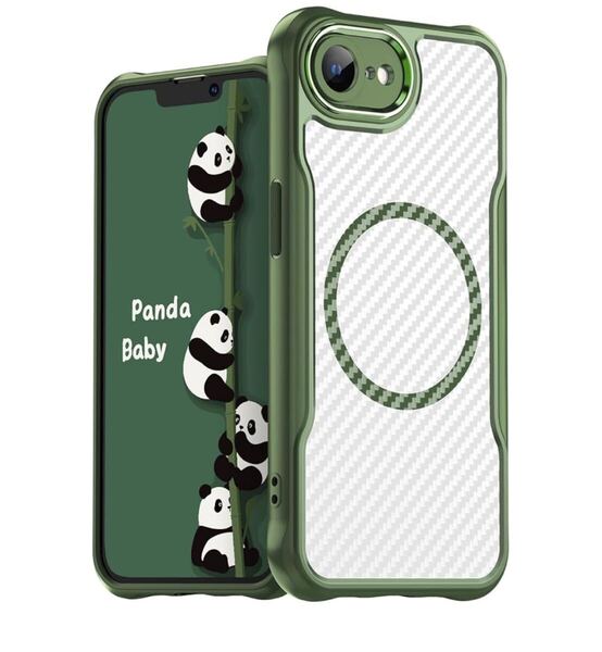 Panda Baby iPhone 16eケース MagSafe対応 半透明カバー 薄型 耐衝撃バンパー マット質感 レンズ全面保護 (グリーン)