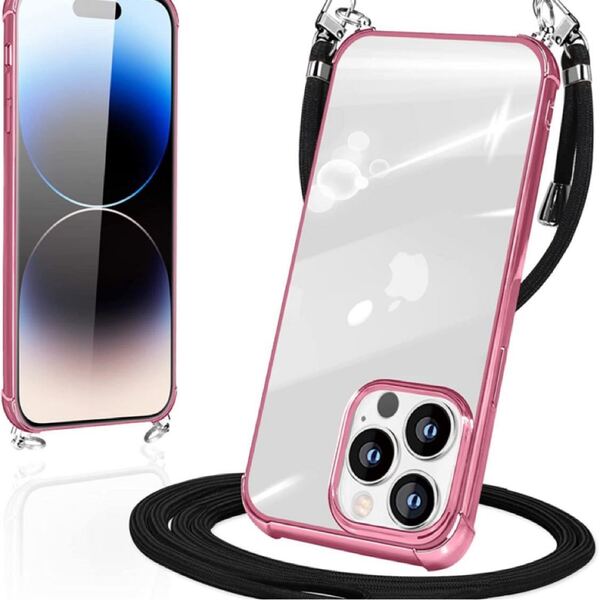 iPhone14 Pro ケース クリア 耐衝撃 TPU iPhone14Pro ショルダー カバー スマホケース 肩掛け 首掛け (ローズゴールド)