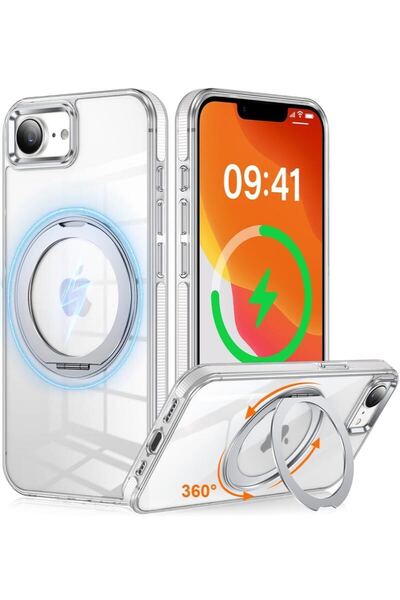 iPhone 16e 用 ケース 多機能360度回転スタンド 縦横両用 マグネット搭載 MagSafe対応 滑り止めドット模様 OURJOY ホワイト