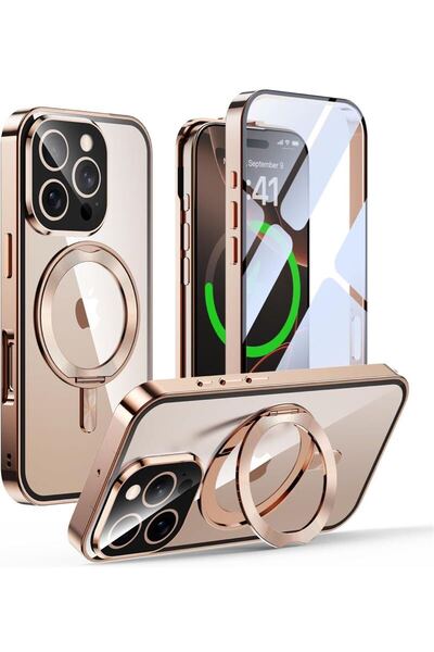iPhone 16 Pro 用 ケース 両面保護 MagSafe対応 CDリング 360°回転スタンド 携帯ケース 6.3インチ 「デザートチタニウム」