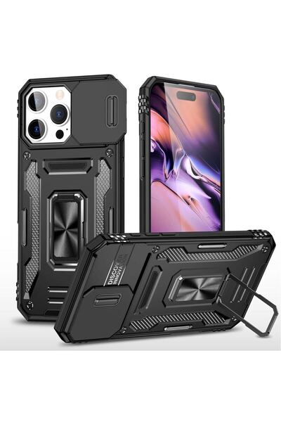 iPhone 16 Pro Maxケース 全方位保護 リング付き スライドカメラプロテクター MIL規格 耐衝撃 スタンド 車載対応 - ブラック