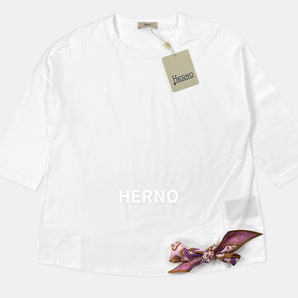 【未使用】HERNO ヘルノ / 22SS / BUBBLE バブル スカーフ / 7分袖 Tシャツ / SUPERFINE COTTON STRETCH / 白 / レディース トップス / 42