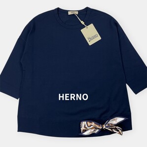 【未使用】HERNO ヘルノ / 22SS / BUBBLE バブル スカーフ / 7分袖 Tシャツ / SUPERFINE COTTON STRETCH / 紺 / レディース トップス / 42