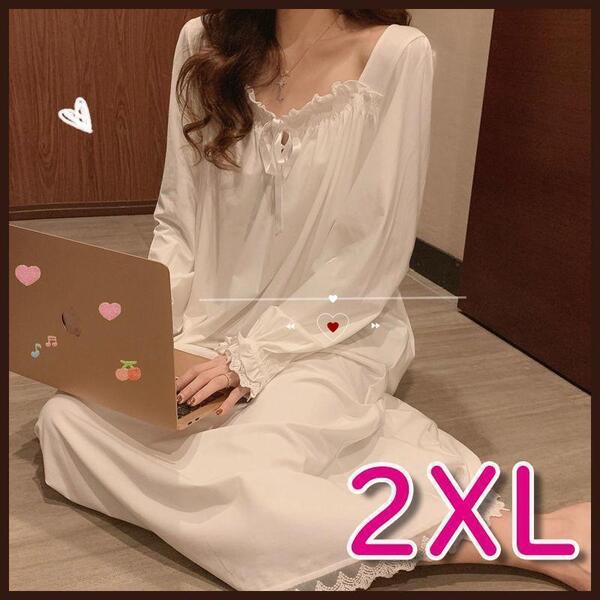 ルームウェア ワンピース ネグリジェ 2XL 白 ナイトウエア 韓国 新品 3L レディース パジャマ 部屋着 寝巻き 可愛い 長袖 レース 大きめ