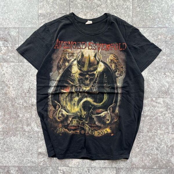 メンズ 古着 半袖 ロック バンド プリント Tシャツ 黒 ブラック BLK アヴェンジドセヴンフォールド Sサイズ 送料込 バンドTシャツ バンT