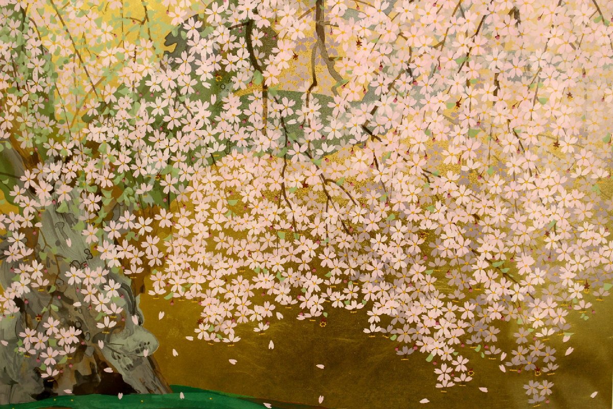 美品 中島千波「三春の瀧桜」限定複製画 証明シール有 額縁入り