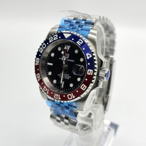 新品 自動巻 ブルー&レッド 青赤 GMT SEIKO NH34 メンズ腕時計 機械式 回転ベゼル サファイア風防 裏スケ