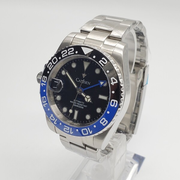 新品 自動巻 CADISEN GMT 黒青ベゼル レフト仕様 NH34A メンズ腕時計 機械式 回転ベゼル サファイア風防