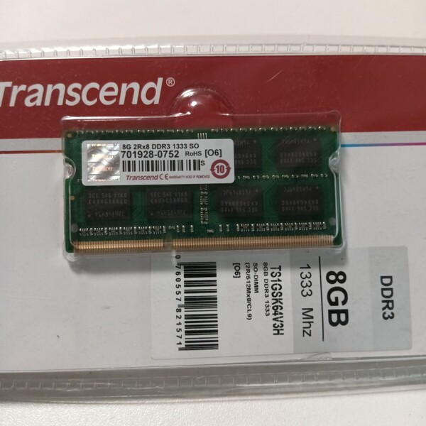 ★訳あり特価品★ TS1GSK64V3H Transcend ノートPC用 増設 メモリ 8GB DDR3-1333 PC3-10600 SO-DIMM ★送料無料★即決★