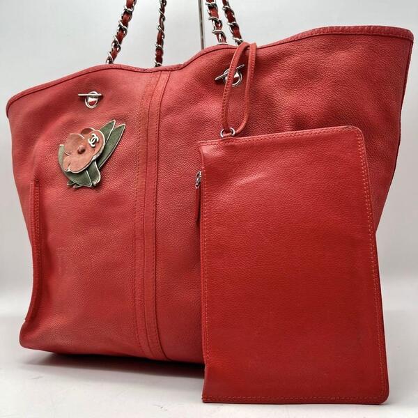 シャネル カメリア A4可能 トートバッグ チェーン ポーチ CHANEL ハンドバッグ 肩掛け ビジネス レディース 赤 レッド レザー 花