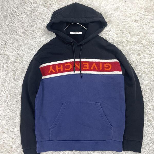 超希少 ジバンシー プルオーバー パーカー フーディ ロゴ M バイカラー GIVENCHY ブルー 青 黒 ブラック
