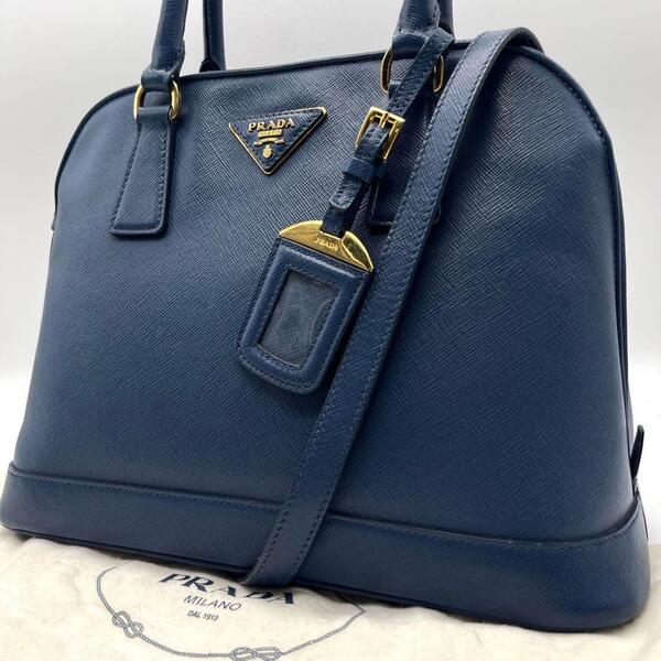 極美品 プラダ プロムナード 三角ロゴ サフィアーノ 2way ハンドバッグ 青 ブルー PRADA ショルダーバッグ レザー トライアングル