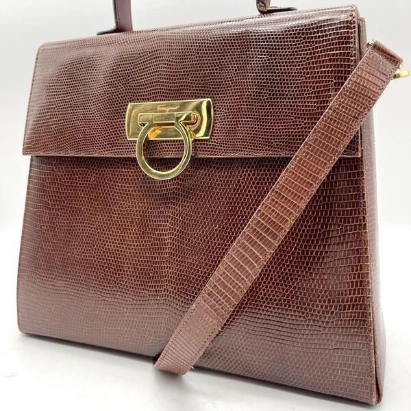サルヴァトーレフェラガモ ハンドバッグ ガンチーニ リザード 2way ブラウン 茶 レザー ショルダーバッグ Salvatore Ferragamo