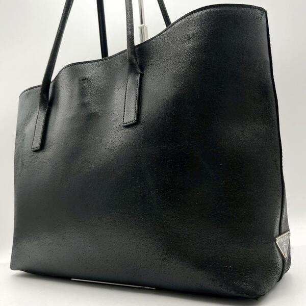 プラダ PRADA トートバッグ オールレザー 黒 A4可 三角ロゴ 希少 肩掛け ビジネス ブラック メンズ トライアングル 白タグ
