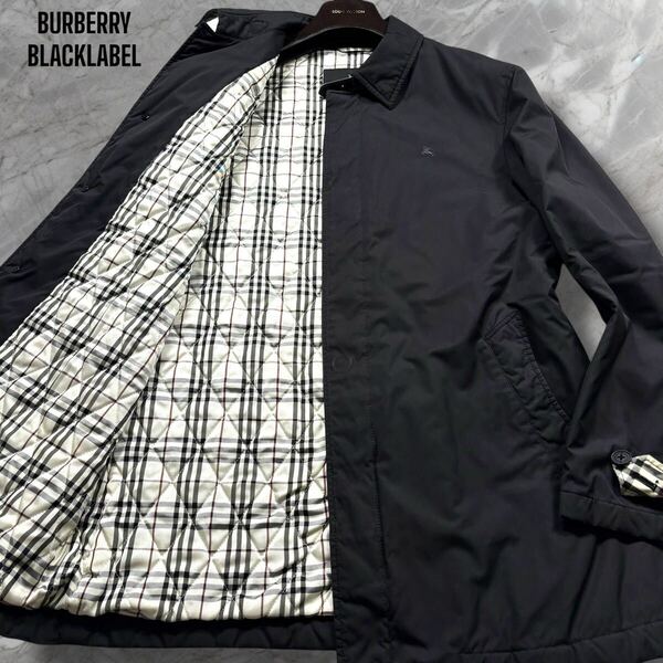 美品/希少L◎バーバリーブラックレーベル ステンカラーコート 中綿 キルティング ノバチェック ホース刺繍 BURBERRY BLACKLABEL メンズ 黒