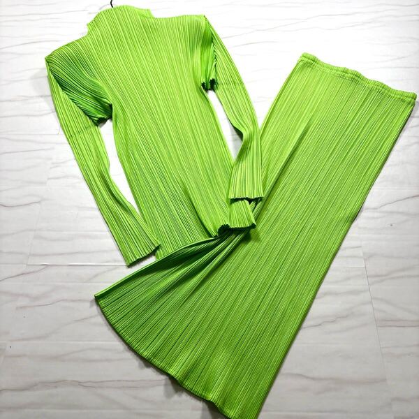 極美品/L◎プリーツプリーズ イッセイミヤケ ハイネック トップス チュニック スカート セットアップ ロング PLEATS PLEASE グリーン 3