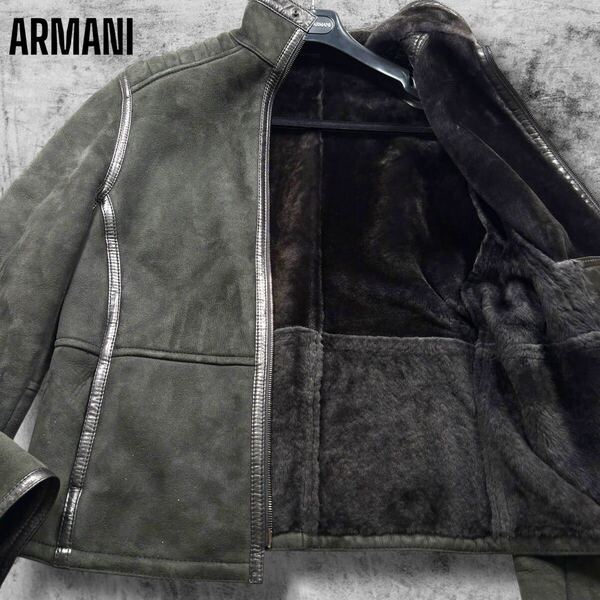 希少XL/極上ムートン◎ アルマーニコレッツォーニ 羊革 ラムレザー ジャケット ライダース バイカー Wジップ ARMANI COLLEZIONI 黒系 50