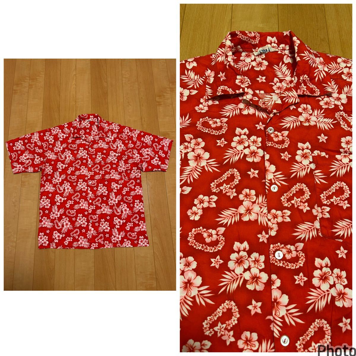 良品☆OKINAWA製／琉球の里　メンズサイズL大き目 半袖開襟アロハシャツ.か