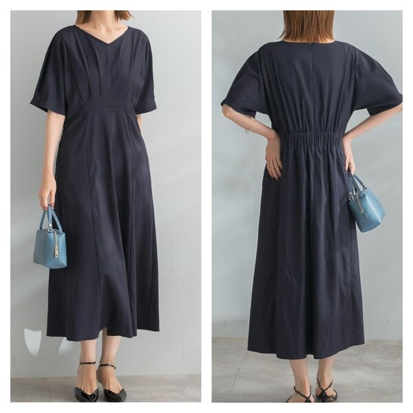 美品 アーバンリサーチロッソ ネイビー 半袖ワンピース ウエストタックワンピース 麻 リネン混 パーティー 結婚式