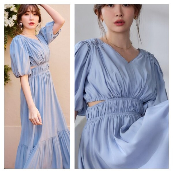 美品 ハーリップトゥ シャーリングワンピース 小嶋陽菜 ライトブルー 水色 パフスリーブ ギャザー ティアード 半袖ワンピース S