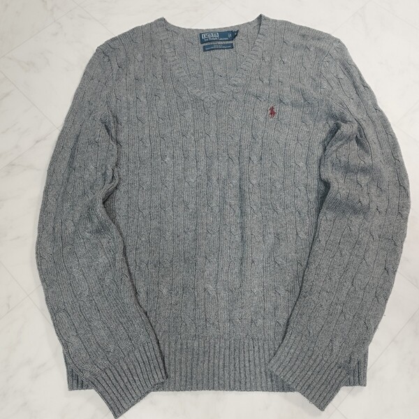 ポロラルフローレン 絹100 ケーブルニット Vネック ホース刺繍 グレー L 90s 高級 シルク100%