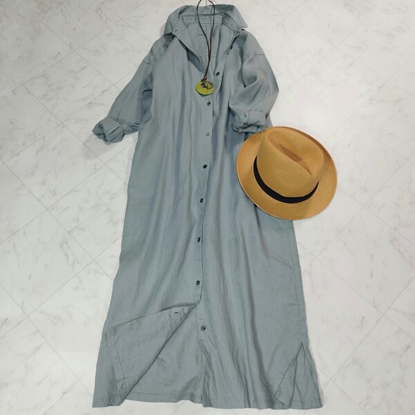 極美品 URBAN RESEARCH DOORSアーバンリサーチドアーズ リネン100 麻 ロングシャツワンピース スモークミント バックタック